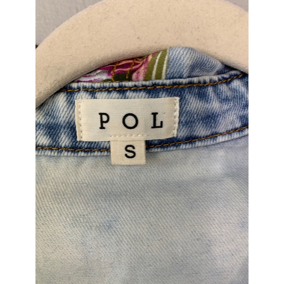 POL Denim Jacket Size S‎ Blue Acid Wash Floral Applique Embroidered Distressed - Picture 2 of 10